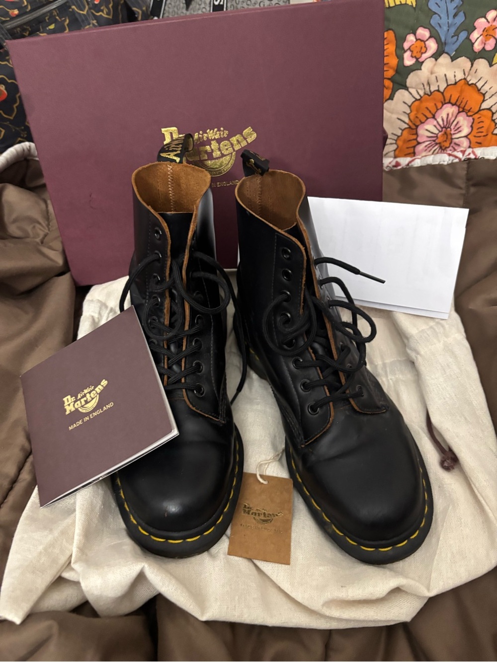 Dr. Martens Black Leather 8-Eye Combat Boots with Yellow Stitching
